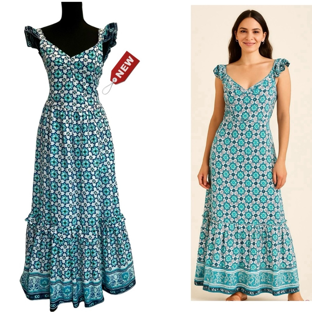 Haute Hippie Teal Blue White Ruffle Patterned Prairie Bohemian Maxi Dress XS